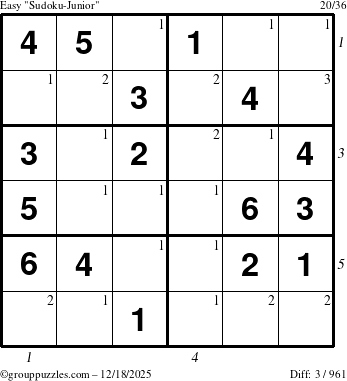 The grouppuzzles.com Easy Sudoku-Junior puzzle for Thursday December 18, 2025, suitable for printing, with all 3 steps marked