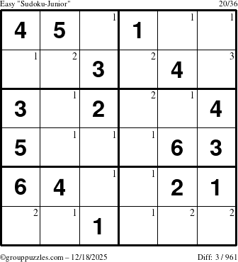 The grouppuzzles.com Easy Sudoku-Junior puzzle for Thursday December 18, 2025 with the first 3 steps marked
