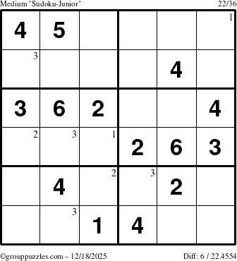 The grouppuzzles.com Medium Sudoku-Junior puzzle for Thursday December 18, 2025 with the first 3 steps marked