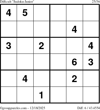 The grouppuzzles.com Difficult Sudoku-Junior puzzle for Thursday December 18, 2025