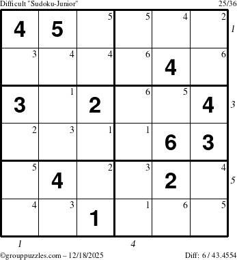 The grouppuzzles.com Difficult Sudoku-Junior puzzle for Thursday December 18, 2025, suitable for printing, with all 6 steps marked