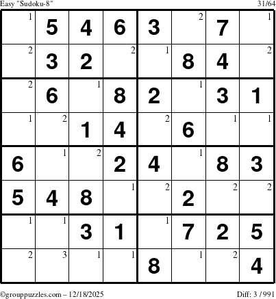 The grouppuzzles.com Easy Sudoku-8 puzzle for Thursday December 18, 2025 with the first 3 steps marked