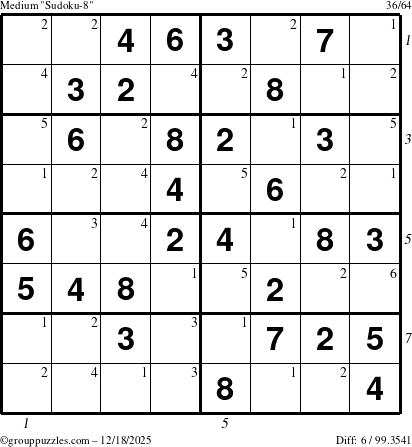The grouppuzzles.com Medium Sudoku-8 puzzle for Thursday December 18, 2025, suitable for printing, with all 6 steps marked