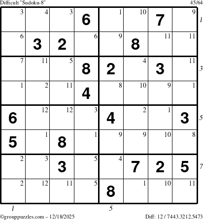 The grouppuzzles.com Difficult Sudoku-8 puzzle for Thursday December 18, 2025, suitable for printing, with all 12 steps marked