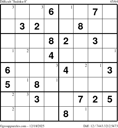 The grouppuzzles.com Difficult Sudoku-8 puzzle for Thursday December 18, 2025 with the first 3 steps marked