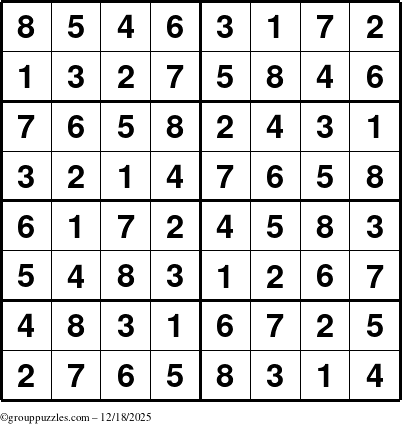 The grouppuzzles.com Answer grid for the Sudoku-8 puzzle for Thursday December 18, 2025