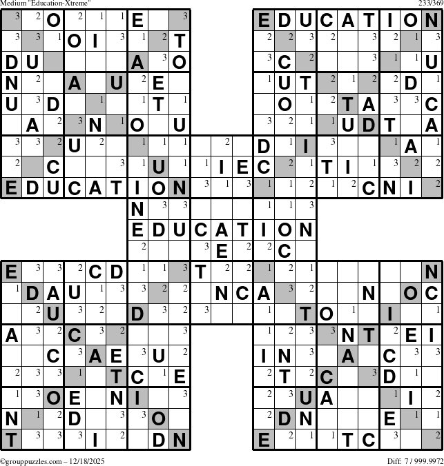 The grouppuzzles.com Medium Education-Xtreme puzzle for Thursday December 18, 2025 with the first 3 steps marked