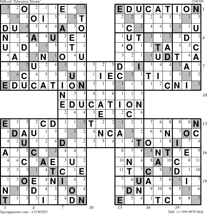 The grouppuzzles.com Difficult Education-Xtreme puzzle for Thursday December 18, 2025 with all 11 steps marked