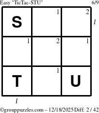 The grouppuzzles.com Easy TicTac-STU puzzle for Thursday December 18, 2025 with all 2 steps marked