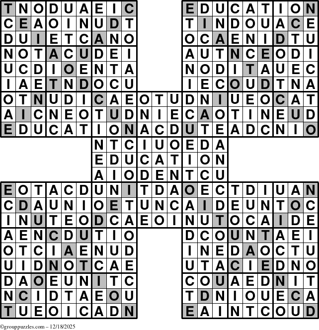 The grouppuzzles.com Answer grid for the Education-Xtreme puzzle for Thursday December 18, 2025