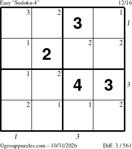 The grouppuzzles.com Easy Sudoku-4 puzzle for Saturday October 31, 2026, suitable for printing, with all 3 steps marked