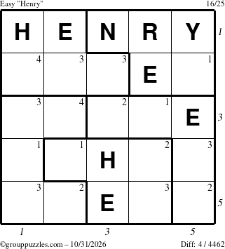 The grouppuzzles.com Easy Henry puzzle for Saturday October 31, 2026, suitable for printing, with all 4 steps marked