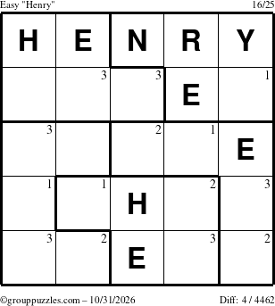 The grouppuzzles.com Easy Henry puzzle for Saturday October 31, 2026 with the first 3 steps marked