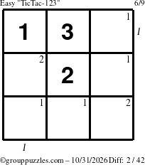 The grouppuzzles.com Easy TicTac-123 puzzle for Saturday October 31, 2026, suitable for printing, with all 2 steps marked