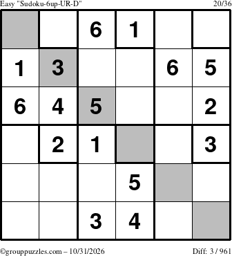 The grouppuzzles.com Easy Sudoku-6up-UR-D puzzle for Saturday October 31, 2026