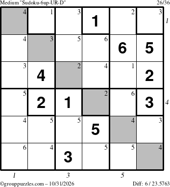 The grouppuzzles.com Medium Sudoku-6up-UR-D puzzle for Saturday October 31, 2026, suitable for printing, with all 6 steps marked