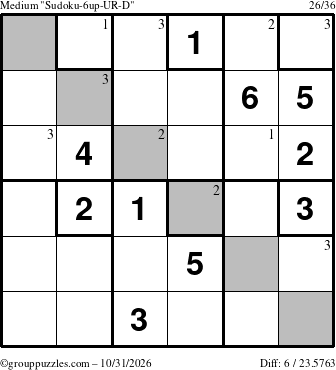 The grouppuzzles.com Medium Sudoku-6up-UR-D puzzle for Saturday October 31, 2026 with the first 3 steps marked