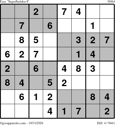 The grouppuzzles.com Easy SuperSudoku-8 puzzle for Saturday October 31, 2026