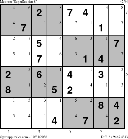 The grouppuzzles.com Medium SuperSudoku-8 puzzle for Saturday October 31, 2026, suitable for printing, with all 8 steps marked