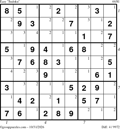 The grouppuzzles.com Easy Sudoku puzzle for Saturday October 31, 2026, suitable for printing, with all 4 steps marked