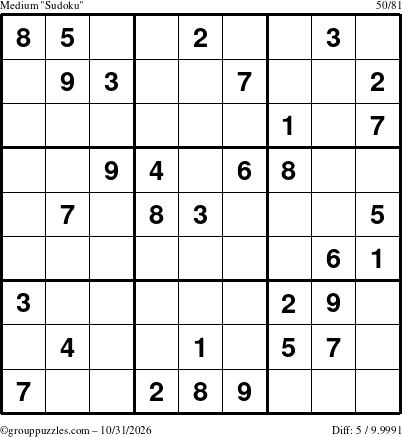 The grouppuzzles.com Medium Sudoku puzzle for Saturday October 31, 2026