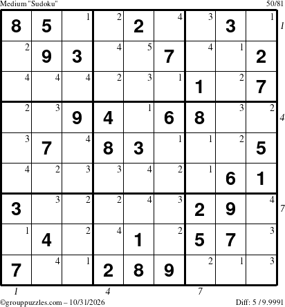 The grouppuzzles.com Medium Sudoku puzzle for Saturday October 31, 2026 with all 5 steps marked