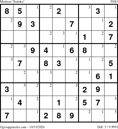 The grouppuzzles.com Medium Sudoku puzzle for Saturday October 31, 2026 with the first 3 steps marked