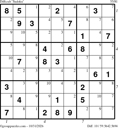 The grouppuzzles.com Difficult Sudoku puzzle for Saturday October 31, 2026, suitable for printing, with all 10 steps marked