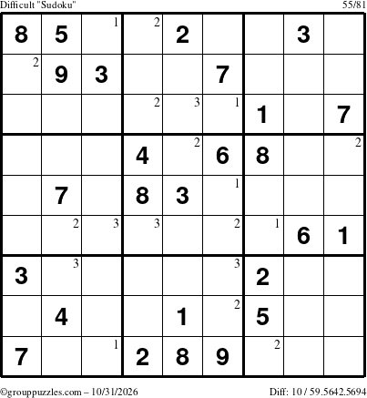 The grouppuzzles.com Difficult Sudoku puzzle for Saturday October 31, 2026 with the first 3 steps marked