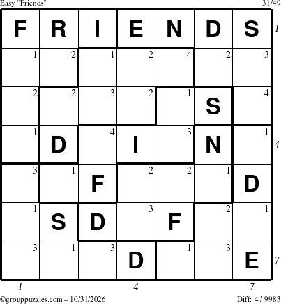 The grouppuzzles.com Easy Friends puzzle for Saturday October 31, 2026 with all 4 steps marked