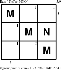 The grouppuzzles.com Easy TicTac-MNO puzzle for Saturday October 31, 2026, suitable for printing, with all 2 steps marked