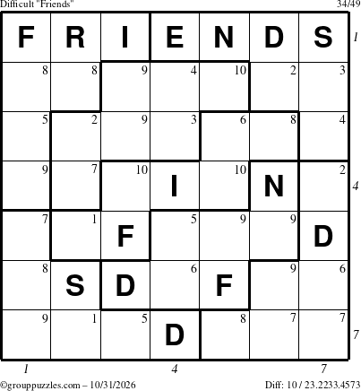 The grouppuzzles.com Difficult Friends puzzle for Saturday October 31, 2026, suitable for printing, with all 10 steps marked