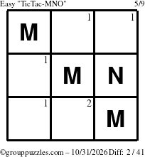 The grouppuzzles.com Easy TicTac-MNO puzzle for Saturday October 31, 2026 with the first 2 steps marked