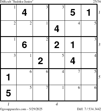 The grouppuzzles.com Difficult Sudoku-Junior puzzle for Thursday May 29, 2025, suitable for printing, with all 7 steps marked