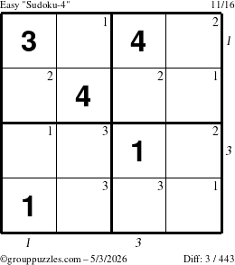The grouppuzzles.com Easy Sudoku-4 puzzle for Sunday May 3, 2026, suitable for printing, with all 3 steps marked