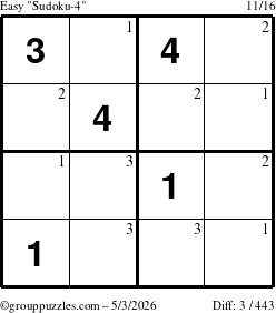 The grouppuzzles.com Easy Sudoku-4 puzzle for Sunday May 3, 2026 with the first 3 steps marked