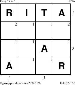 The grouppuzzles.com Easy Rita puzzle for Sunday May 3, 2026, suitable for printing, with all 2 steps marked