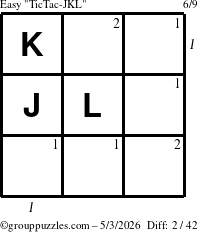 The grouppuzzles.com Easy TicTac-JKL puzzle for Sunday May 3, 2026 with all 2 steps marked