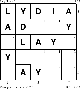 The grouppuzzles.com Easy Lydia puzzle for Sunday May 3, 2026, suitable for printing, with all 3 steps marked