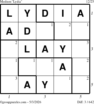 The grouppuzzles.com Medium Lydia puzzle for Sunday May 3, 2026 with all 3 steps marked