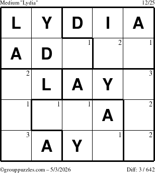 The grouppuzzles.com Medium Lydia puzzle for Sunday May 3, 2026 with the first 3 steps marked