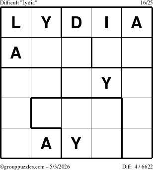 The grouppuzzles.com Difficult Lydia puzzle for Sunday May 3, 2026