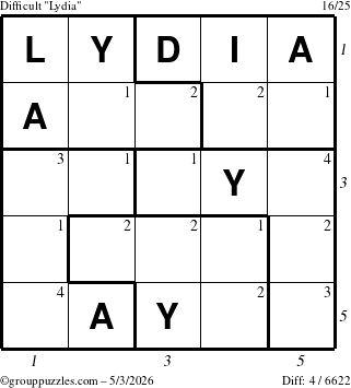 The grouppuzzles.com Difficult Lydia puzzle for Sunday May 3, 2026, suitable for printing, with all 4 steps marked