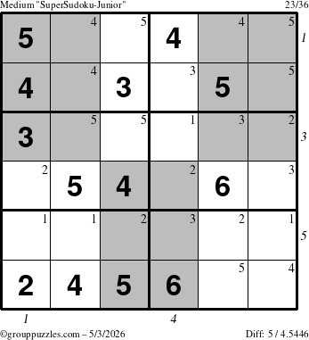 The grouppuzzles.com Medium SuperSudoku-Junior puzzle for Sunday May 3, 2026 with all 5 steps marked