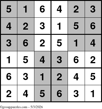 The grouppuzzles.com Answer grid for the SuperSudoku-Junior puzzle for Sunday May 3, 2026