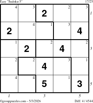 The grouppuzzles.com Easy Sudoku-5 puzzle for Sunday May 3, 2026 with all 4 steps marked