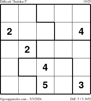 The grouppuzzles.com Difficult Sudoku-5 puzzle for Sunday May 3, 2026