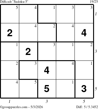 The grouppuzzles.com Difficult Sudoku-5 puzzle for Sunday May 3, 2026, suitable for printing, with all 5 steps marked