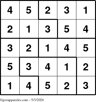 The grouppuzzles.com Answer grid for the Sudoku-5 puzzle for Sunday May 3, 2026