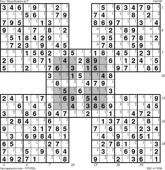 The grouppuzzles.com Easy HyperSudoku-by5 puzzle for Sunday May 3, 2026, suitable for printing, with all 4 steps marked